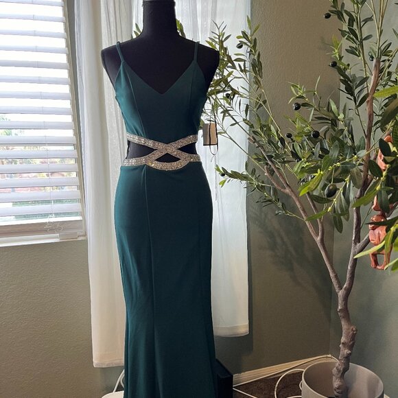 David's Bridal Hunter Green Sequined Waist Cutout Gown - Picture 1 of 7